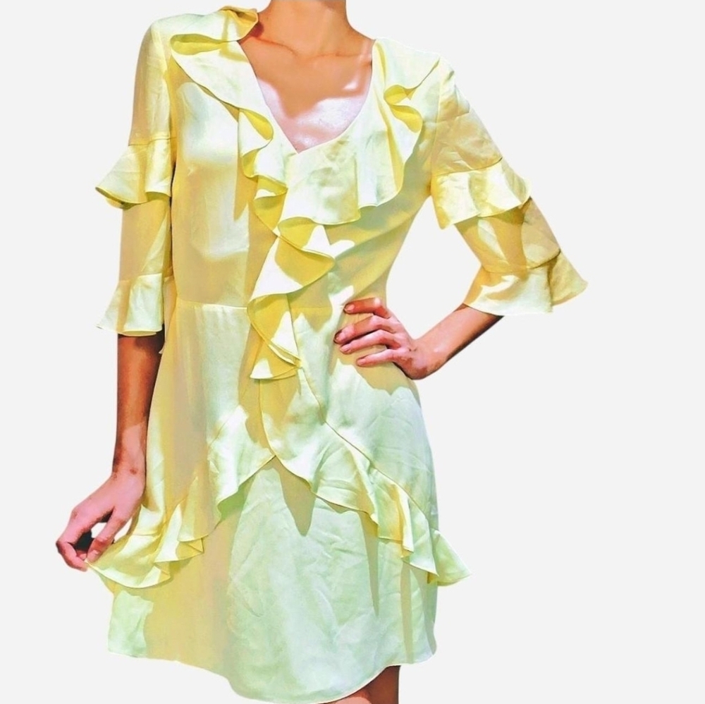 Amanda Uprichard Butter Yellow Ruffle Mini Dress Half Sleeves V Neck Size Small